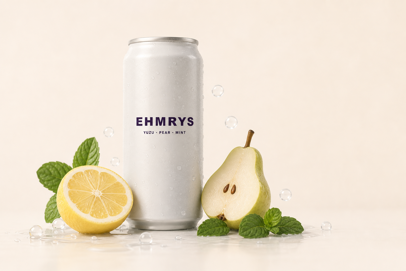 A chilled slim can of EHMRYS beside yuzu, pear, and mint